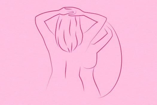 Imagem ilustrativa de mulher em frente ao espelho realizando o autoexame na mama.